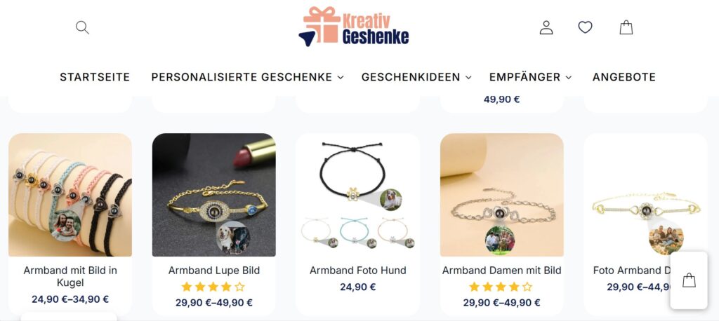 screenshot shop mit Projektionskugeln Armbändern