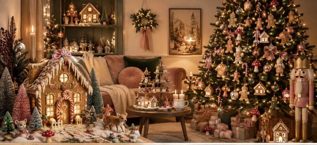 Whimsical Wohnzimme üppig geschmückt mit Lebkuchenmotiven, viel Weiß, Schnee, Waldmotiven