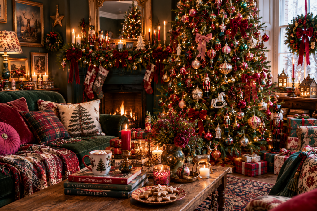 christmas maximalism, üppig voller Raum mit Baum und Weihnachtsdeko