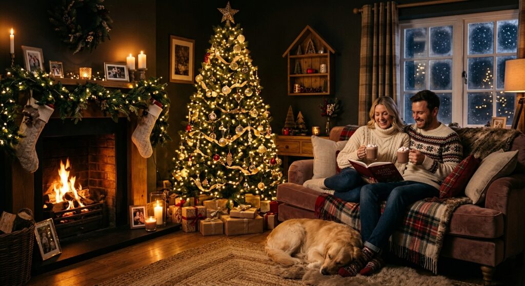 paar sitzt auf dem Sofa in sehr gemütlichem Weihnachtszimmer mit Kamin, Hund viele Lichter, schummrig