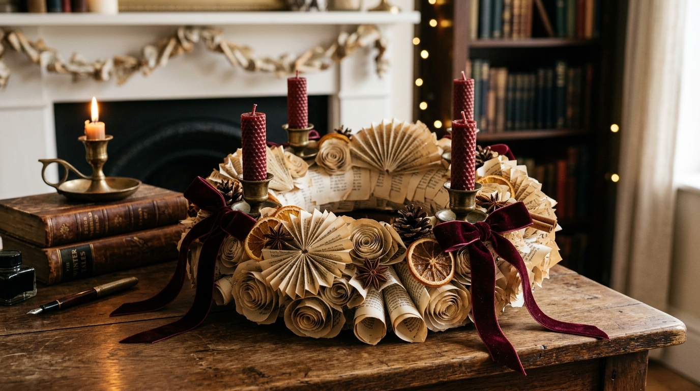 Magischer Adventskranz aus alten Buchseiten mit LED Kerzen