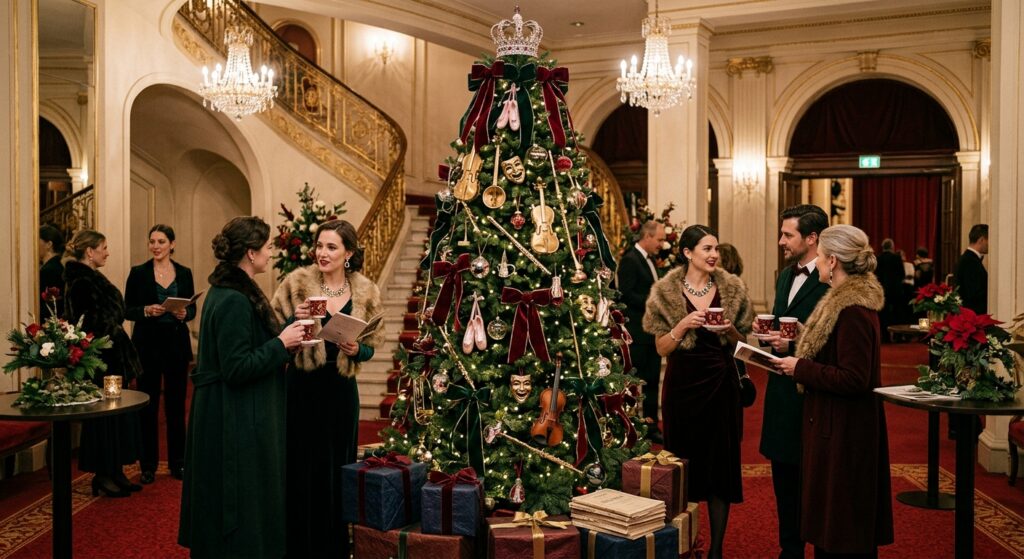 opera christmas, hier ein Treppenaufgang, elegante Leute, geschmückter Weihnachtsbaum mit Opern Details