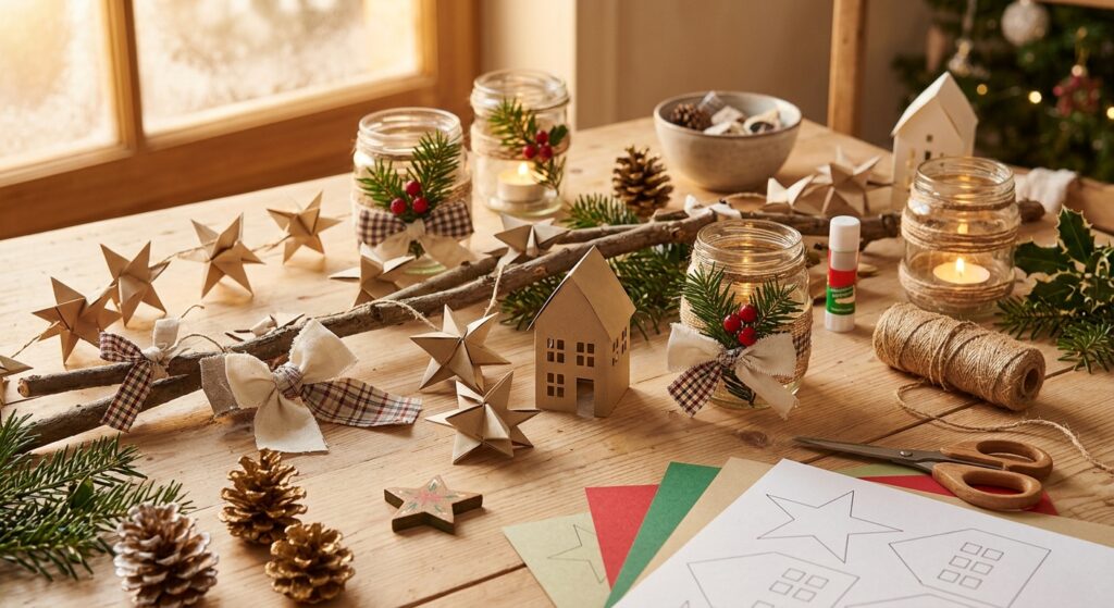 selbstgebastelte Weihnachtsdeko für cozy christmas Papierstrene, Holzhäuschen