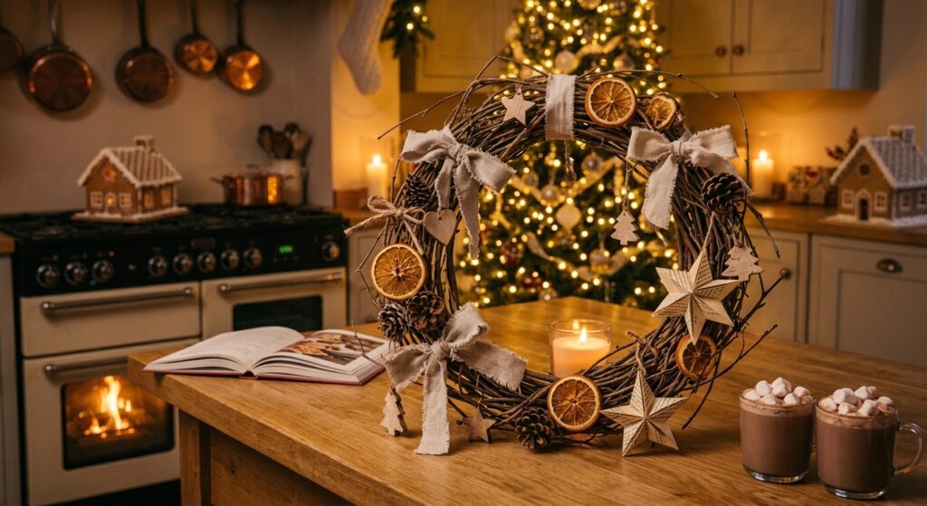 cozy chrismas natürlicher Kranz aus Zweigen, Orangenscheiben Leinen