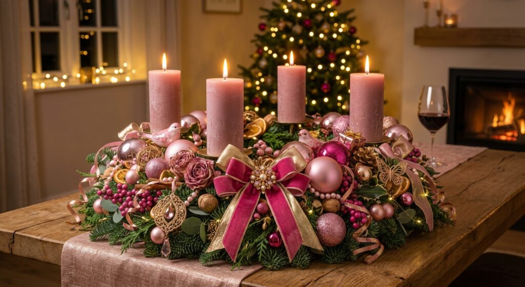 rosa üppiger Adventskranz , elegant